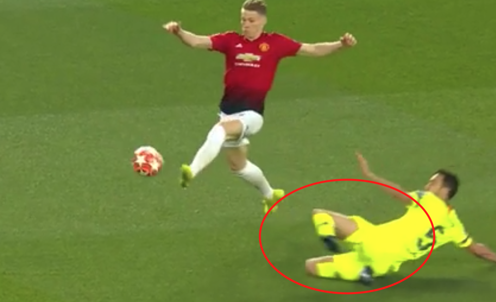 Force   Low. The player has both of his legs bent and is not putting much force in the tackle other than trying to kick the ball away, making the force of this tackle negligible.