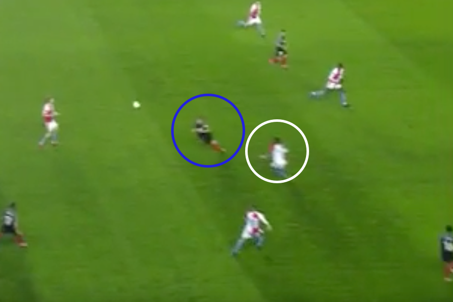Speed   Medium/Low. The blue player is running and slips, losing control of his body, impacting at a medium/low speed.